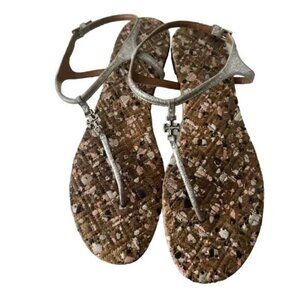 Tory Burch Marion Confetti Quilted Silver T Strap Leather Thong Sandals size 9